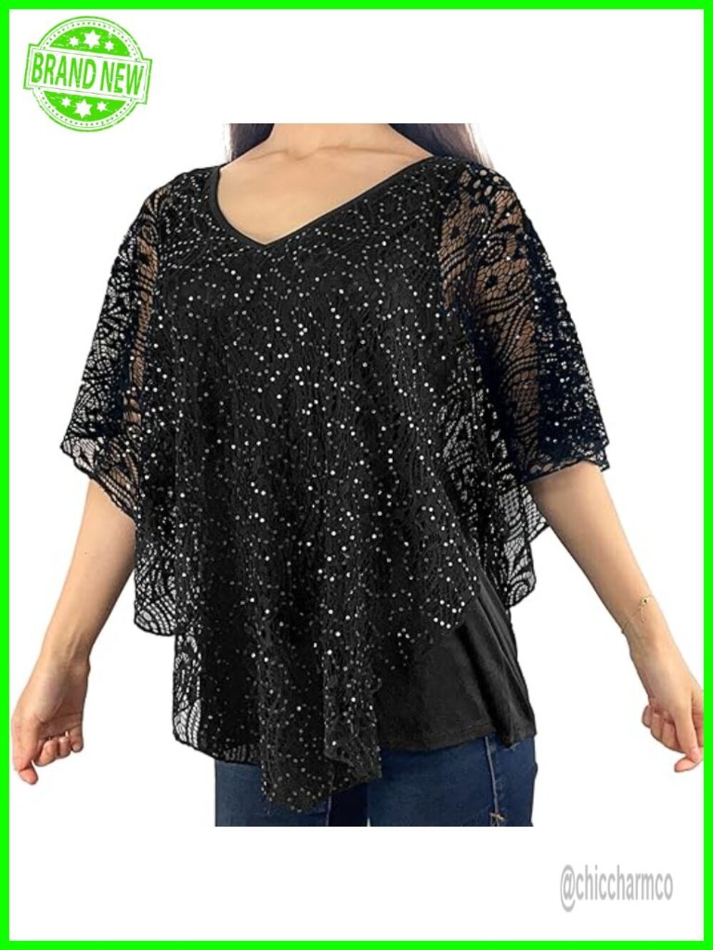 V-Neck 3/4 Sleeve Lace Poncho Floral Print Knit Blouse